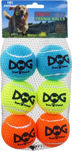 INSUM Pelotas de tenis pequeñas para perros, paquete de 6 pelotas chirriantes de 2.0 pulgadas para razas pequeñas, certificación SGS no tóxicas,