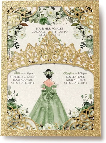 Miniatura 18 de 50 invitaciones de quinceañera con corona negra perlada cortada con láser Invitaciones de cumpleaños florales burdeos para Sweet 16/Miss XV