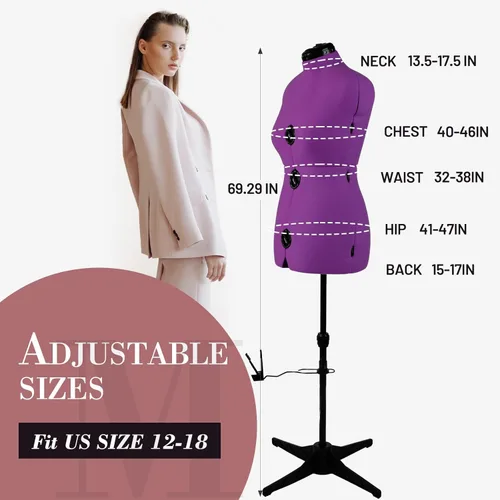 Miniatura 2 de Formularios de vestido para costura, maniquí femenino morado ajustable tamaño 12-18, cuerpo de modelo con 13 diales y guía de dobladillo de 360