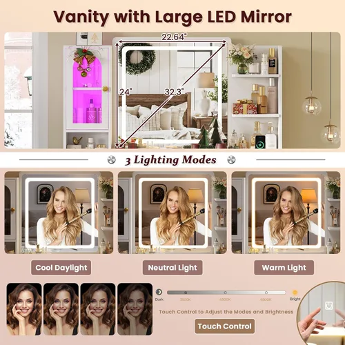 Miniatura 2 de Hasuit - Escritorio de tocador blanco con espejo y luces LED, escritorio grande de tocador de maquillaje con 7 cajones, estantes de almacenamiento