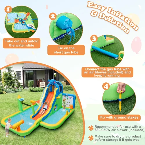 Miniatura 5 de BOUNTECH Tobogán acuático inflable, tobogán de surf de elefante, parque acuático para niños, castillo hinchable con 2 piscinas de chapoteo, cueva
