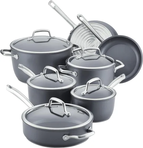 Anolon Accolade - Juego de ollas y sartenes antiadherentes anodizadas forjadas, juego de utensilios de cocina de inducción, 12 piezas, gris piedra
