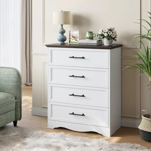 Miniatura 10 de Mesita de noche con estación de carga, Mesa auxiliar estilo granja de 19.7" con almacenamiento de 3 cajones, Mesa lateral de cama de madera