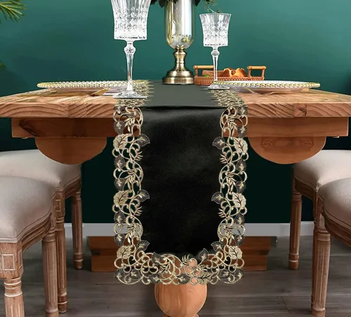 Miniatura 5 de DECOZEN Camino de mesa navideño de encaje dorado negro – Bufanda bordada para comedor y tocador para mesas de vacaciones, bodas y fiestas – 14 x 108