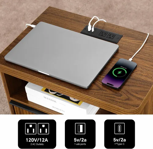Miniatura 4 de Juego de 2 mesitas de noche acanaladas con cajón, mesita de noche grande y moderna con puerto USB y tomacorriente, mesita de noche de mediados