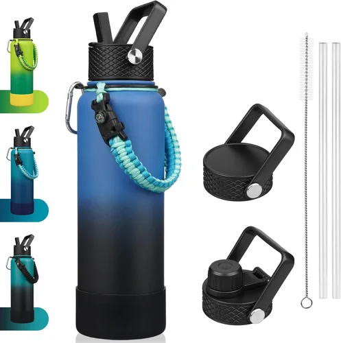 Miniatura 48 de BJPKPK - Botella de agua con tapa de popote, botellas de agua aisladas de 18 onzas con 3 tapas, asa de cuerda de paracaídas y base antideslizante