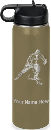 Miniatura 44 de LaserGram Botella de agua personalizada, jugador de hockey, acero inoxidable de doble pared aislada al vacío con popote superior, regalo grabado