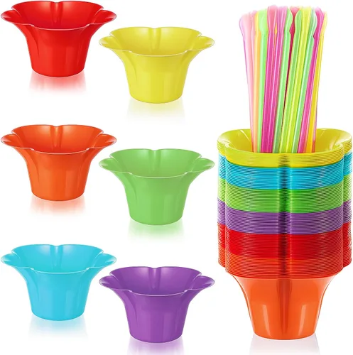 Boao 200 tazas de cono de nieve de flores coloridas de 12 onzas con cuchara, pajita, forma de flor, plástico a prueba de fugas, tazón de helado