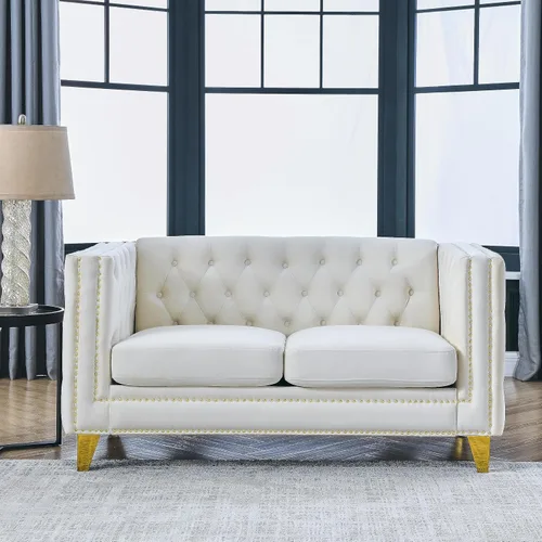 Miniatura 3 de KEIKI Sofá de terciopelo copetudo de 2 plazas para sala de estar, sofá con brazos cuadrados copetudos para apartamento en el hogar, color beige