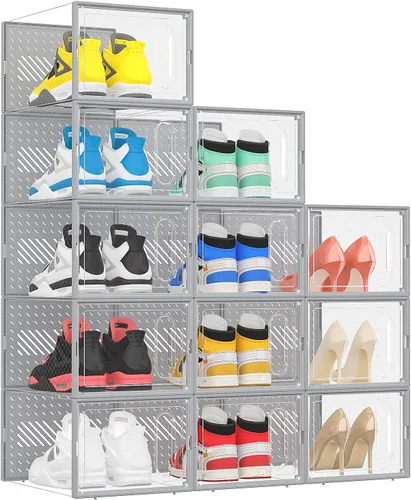 eWonLife Caja Organizadora de Zapatos Grande con Puerta Magnética, Juego de 12 Contenedores Apilables de Plástico Transparente para Zapatos, Conecta