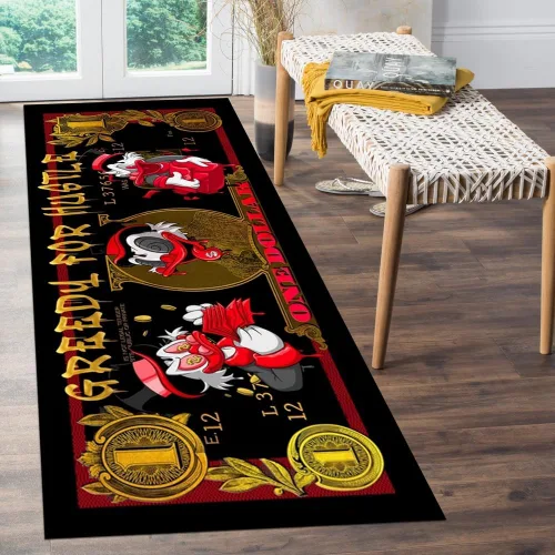Miniatura 2 de JUST BREATHE Divertida alfombra con dinero de pato rojo de dibujos animados, billete de un dólar, alfombra de corredor negra dorada para hombres