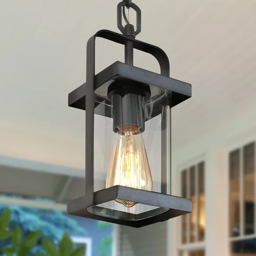 classy leaves Luces colgantes negras para exteriores, lámpara colgante exterior con vidrio transparente, farol colgante de porche en acabado negro