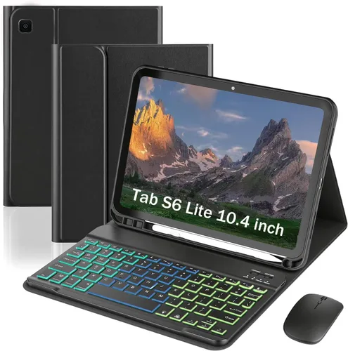 Funda de teclado para Samsung Galaxy Tab S6 Lite de 10.4 pulgadas, teclado ligero desmontable con retroiluminación, funda delgada para tableta con