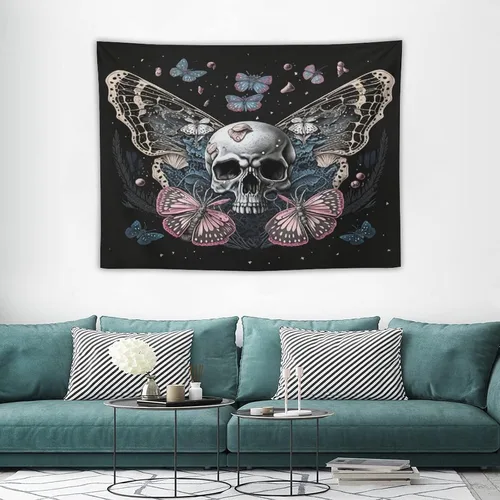 Miniatura 4 de Naykow Tapiz de calavera y mariposa, tapiz rosa trippy negro, tapiz de bruja gótica para dormitorio, decoración de habitación hippie de mariposa