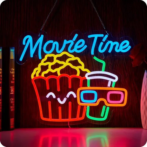 Movie Time - Letrero de neón para sala de cine de palomitas de maíz, luz LED, alimentada por USB, para decoración de pared, sala de cine, fiesta,