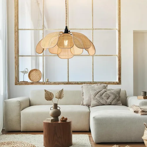 Miniatura 8 de Candelabros Bohemios Enchufables Luces Colgantes de Ratán Lámpara Colgante de Flores con Interruptor de Encendido/Apagado Cuerda de Cáñamo de 15