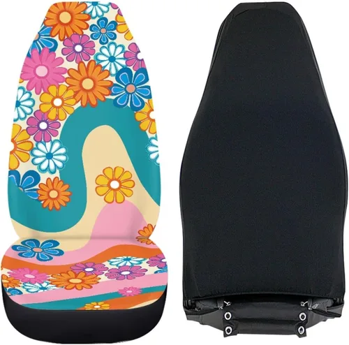 Miniatura 3 de Funda de asiento de automóvil con margaritas bohemias, diseño hippy arcoíris, margarita, flores, antideslizante, SUV, sedán, furgoneta, protector