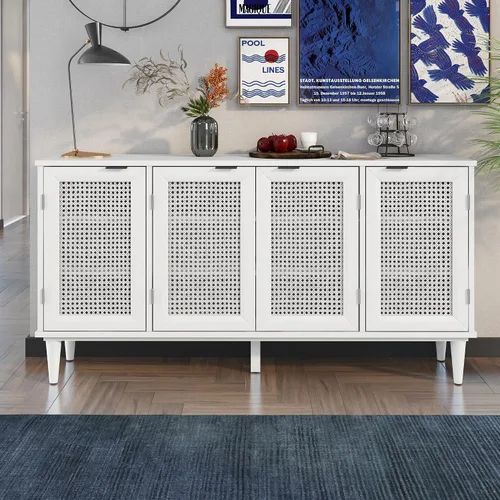Miniatura 17 de KLMM Armario de almacenamiento moderno con puerta de ratán y estantes ajustables, soporte de TV para televisores de hasta 55 pulgadas, mesa consola