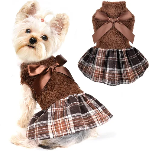 Miniatura 8 de Suéteres para perros pequeños y niñas, vestido suéter, dobladillo a cuadros, cuello alto, ropa mullida para mujer, abrigo cálido para mascotas, ropa