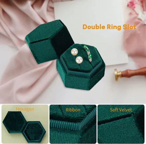 Miniatura 4 de Smileshe Caja para anillos, cajas de joyería de terciopelo para propuesta, compromiso, ceremonia de boda, caja hexagonal con ranura de doble anillo