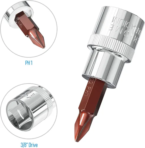 Miniatura 2 de 2 unidades de 3/8 pulgadas PH1 (#1) Phillips socket, puntas de destornillador de acero S2 tratadas térmicamente, enchufe CR-V de 1.9 pulgadas