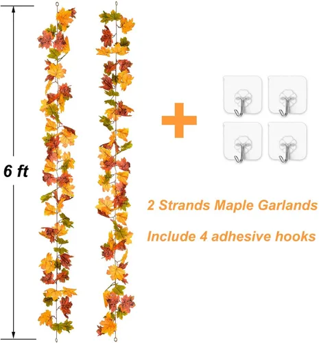 Miniatura 4 de Lvydec - Guirnalda de hojas de arce de otoño, 2 unidades,tiras de 6 pies de follaje otoñal artificial, colorida decoración de otoño para hogar, boda