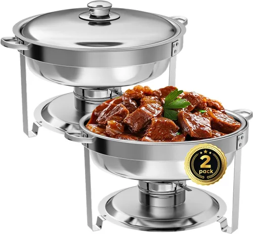 Miniatura 15 de IMACONE Juego de Bandejas Calentadoras de Buffet 4 Piezas, 5QT Redondas de Acero Inoxidable con Tapa de Vidrio para Catering, Conjuntos