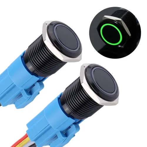 Miniatura 17 de 2 piezas de interruptor de botón de cierre antivandálico de metal impermeable de 0.630 in, carcasa negra autobloqueante con enchufe precableado