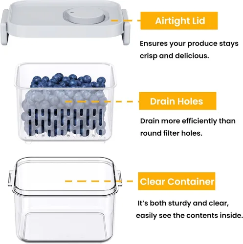 Miniatura 6 de Vacane Produce Saver, Contenedores de almacenamiento de frutas, Contenedores de productos con coladores, Contenedores para bayas, 3.8 tazas