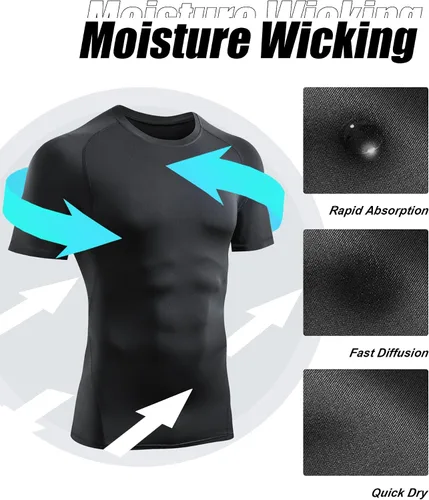 Miniatura 4 de TELALEO 6 Pack Men's Compression Shirt Short Sleeve Athletic Baselayer Sports T Shirts Workout Tops for Men Black White