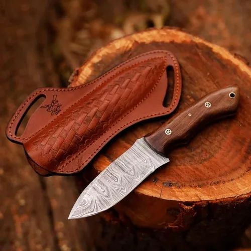 Cuchillo de caza de acero de Damasco de hoja fija con funda de piel, cuchillo de caza de 9 pulgadas con mango entero para despellejar, mango de