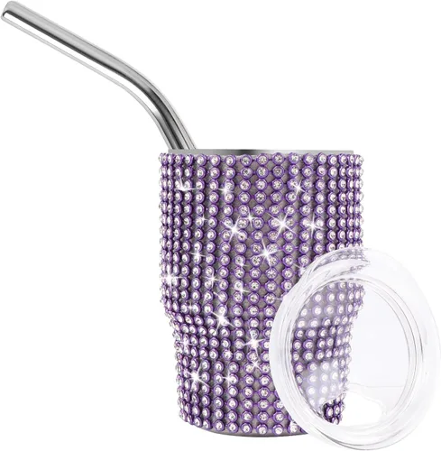 INSTOME Vaso de chupito de acero inoxidable de 3oz con forma de diamante, vaso con pajita, color púrpura (1 unidad)