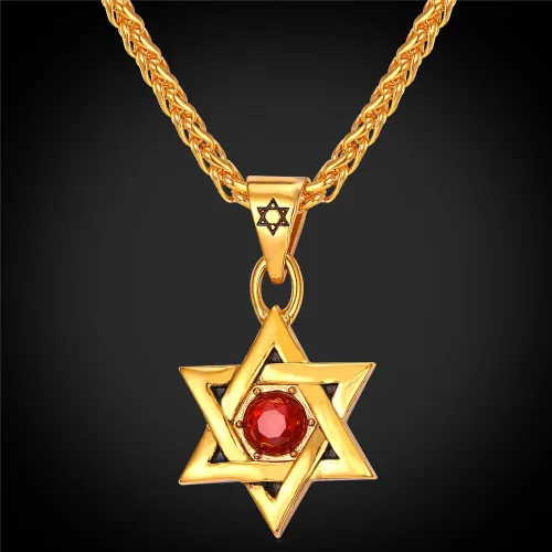 Miniatura 49 de U7 - Collar con Estrella de David para hombres y mujeres, dije hexagonal de acero inoxidable con cruz/piedra de rubí/collares clásicos judíos