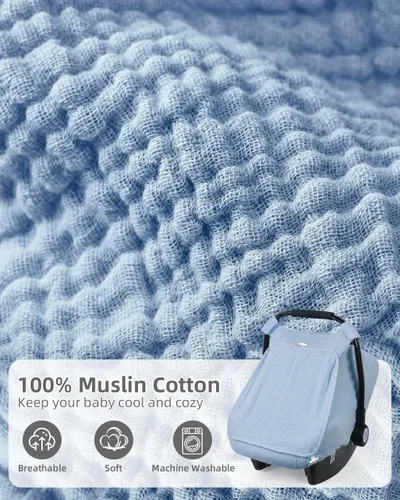 Miniatura 2 de Rquite Funda de asiento de automóvil para bebé, niña, niño, 100% muselina de algodón, toldo transpirable a prueba de viento con ventana de malla
