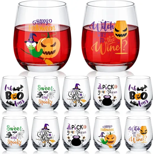 Miniatura 13 de Zhehao 12 vasos de vino sin tallo de Acción de Gracias de 12 onzas, vasos de calabaza y pavo, vasos de vacaciones, regalos ideales para otoño