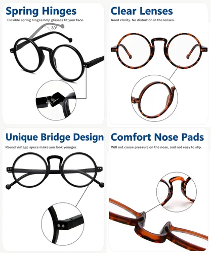 Miniatura 5 de Eyekepper Paquete de 4 Gafas de Lectura Redondas de Gran Tamaño (2 Pares Negros y 2 Pares Carey) para Hombres y Mujeres Lectores Retro +1.00