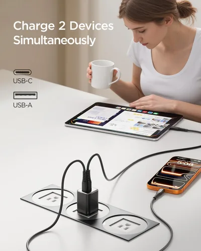 Miniatura 3 de wegear Cargador rápido USB C de 30 W, cargador de pared USB C de doble puerto con enchufe plegable para iPhone 17/16/15, Samsung S24, iPad, 40% más