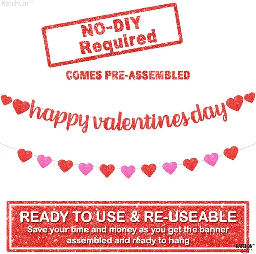 Miniatura 4 de KatchOn, Cartel de feliz San Valentín con purpurina, 10 pies, sin bricolaje, guirnalda de corazón rojo y rosa para decoraciones del día de San