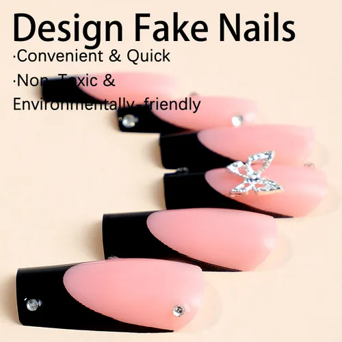 Miniatura 4 de 24 uñas postizas a presión de punta francesa negra, uñas postizas largas cuadradas, color rosa, cobertura completa, con diamantes de imitación, L1.