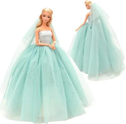 Miniatura 2 de BARWA Vestido de novia azul claro con velo, vestido de princesa para fiesta nocturna, vestido de gala azul claro para muñeca de 29 cm