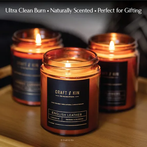 Miniatura 3 de Craft & Kin - Vela perfumada de cuero inglés de alta calidad, larga duración, 45 horas de tiempo de combustión, vela perfumada de soja natural