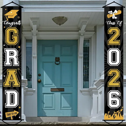 Cartel de graduación 2026, decoraciones de graduación negro y dorado, letrero de porche de clase de 2026, decoración de puerta de felicitaciones,