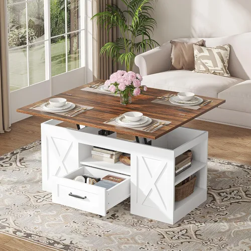 Miniatura 9 de Saudism Mesa auxiliar elevable de 40 pulgadas, mesas auxiliares multifunción 4 en 1 con cajones de almacenamiento y compartimentos ocultos, mesa