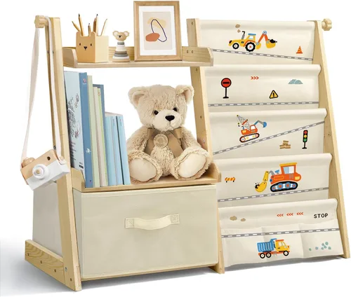 Miniatura 7 de Estantería para niños y organizador de juguetes 2 en 1, estante para libros para habitaciones de niños con cubo de juguetes móvil, estante de 4