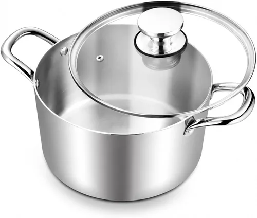 Miniatura 9 de TeamFar Olla de 3.5 cuartos de galón, olla de cocina de pasta de acero inoxidable de tres capas con tapa, tapa de vidrio templado y asas remachadas