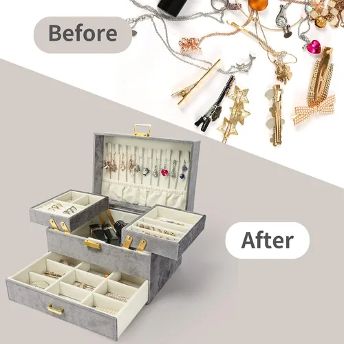Miniatura 5 de Dajasan Velvet Jewelry Boxes Women Jewelry Organizer Box 3- Layer Large Jewelry Storage Case for Birthday Mothers Day Valentines Day Grey