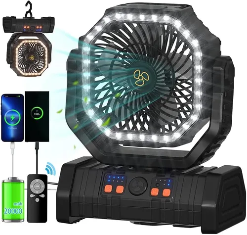 ADUST Ventilador Portátil de Campamento con Batería, Ventilador con Luz LED 20000mAh Recargable, Oscilación Automática, Rotación de 270°, Gancho