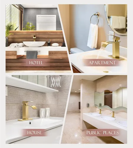 Miniatura 5 de Grifos de baño dorados, modernos de un solo agujero, boquilla de cascada de oro cepillado con ensamblaje de drenaje y manguera, acero inoxidable 304