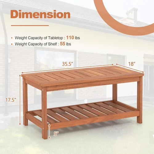 Miniatura 3 de Giantex Mesa de centro de madera dura para patio, mesa de centro de madera de 2 niveles con mesa de listones y estante de almacenamiento, mesa