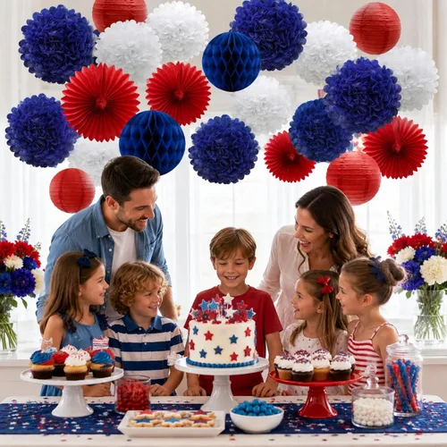 Miniatura 4 de ADLKGG Juego de 16 piezas de decoración de fiesta colgante azul marino, rojo y blanco, pompones de papel de seda, flores, bolas de panal, linternas